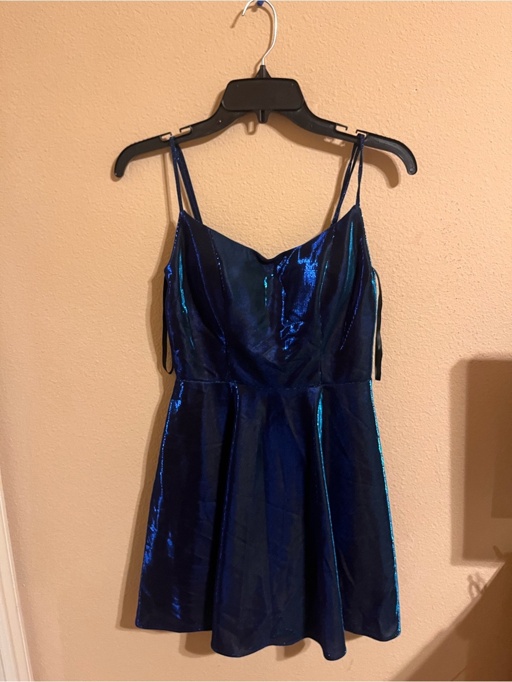 Blue Iridescent Spaghetti Strap Skater Dress
